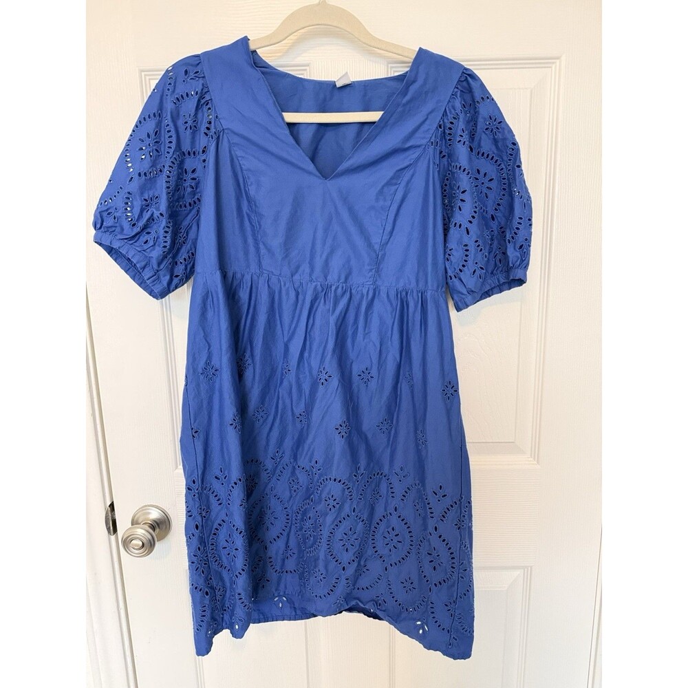 Old Navy Women's Blue Eyelet V-Neck Puff Sleeve A-Line Knee Dress w/ Pockets S